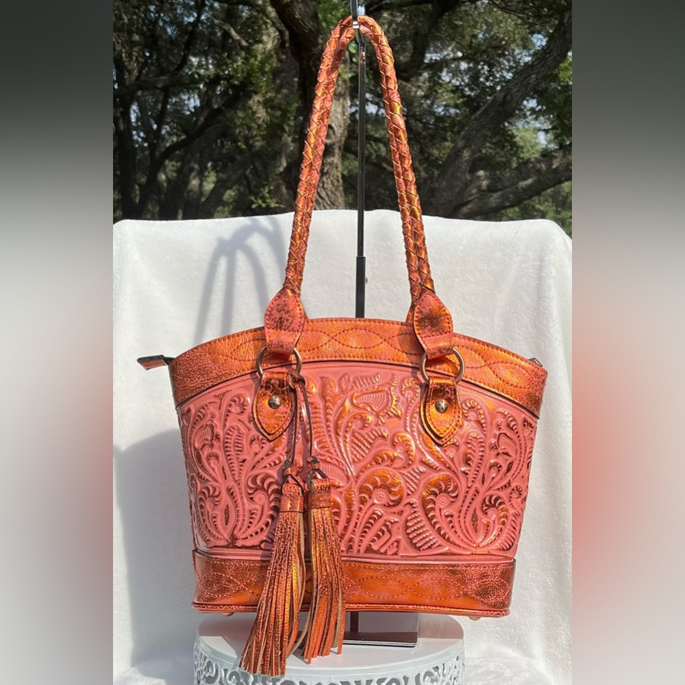 Patricia Nash Zorita Satchel Metallic Burnished Tooled Leather Purse